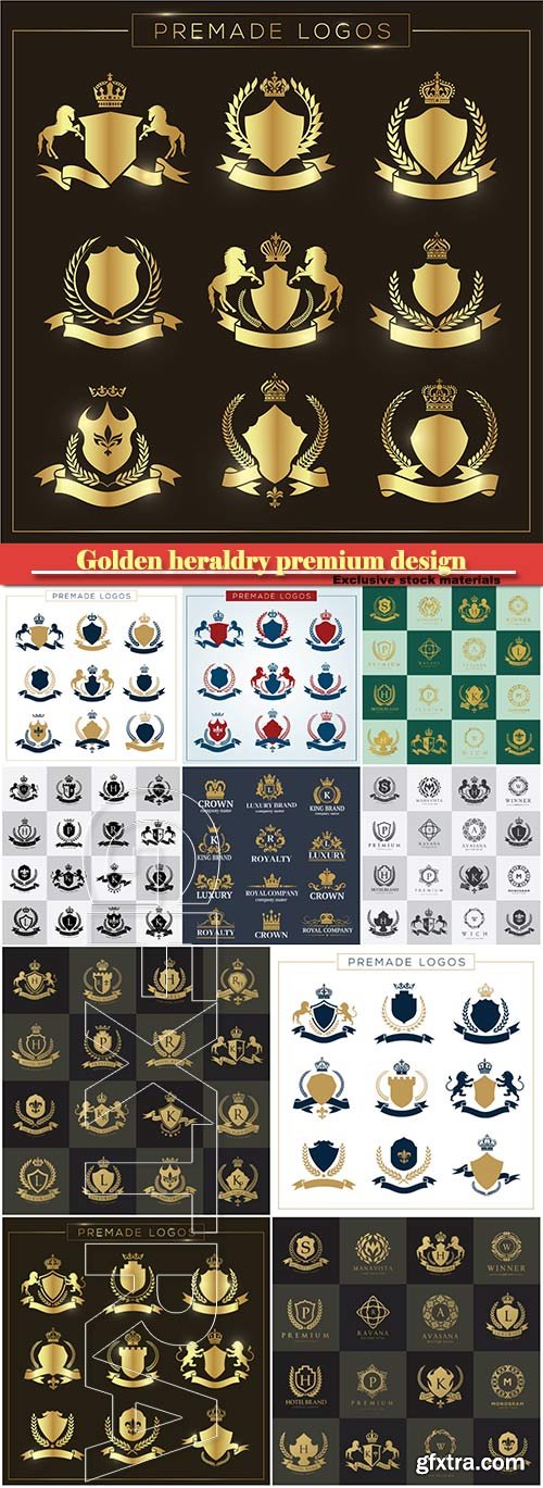 Golden heraldry premium design crown vector, emblems, logos