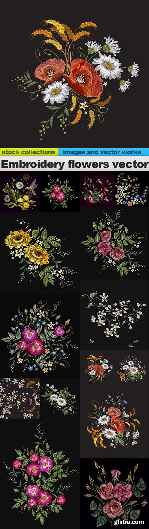Embroidery flowers vector, 15 x EPS