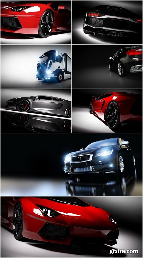 Fast sports car in spotlight, black background 8X JPEG