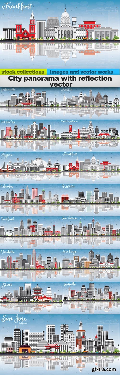 City panorama with reflection vector, 15 x EPS