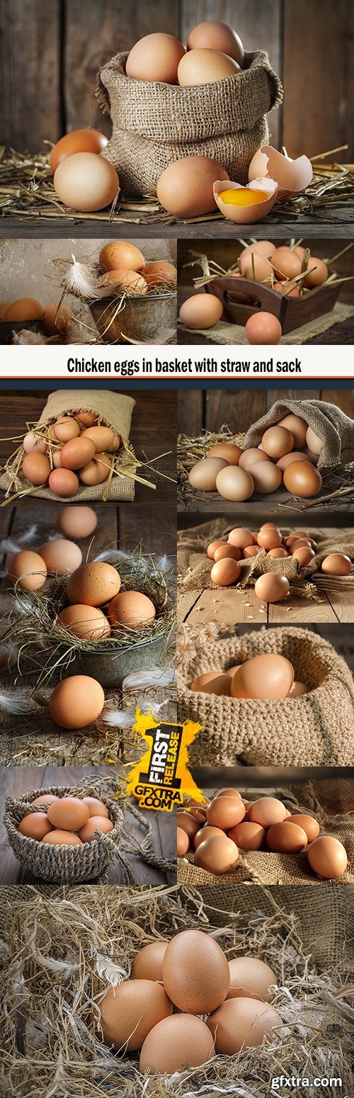 Chicken eggs in basket with straw and sack