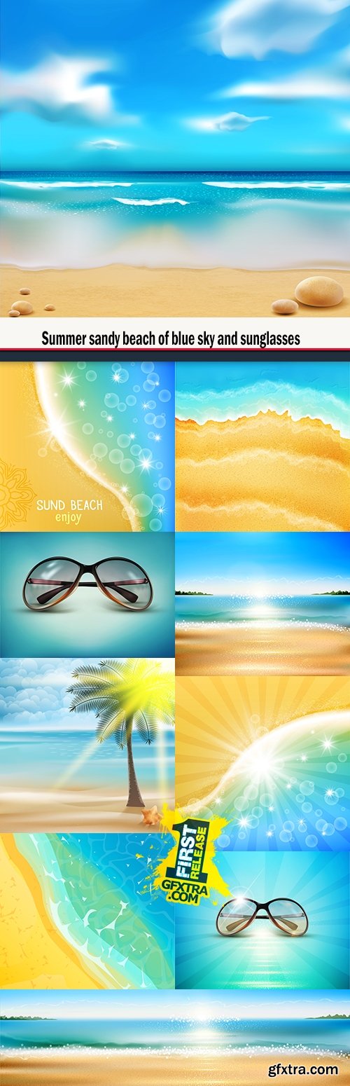 Summer sandy beach of blue sky and sunglasses