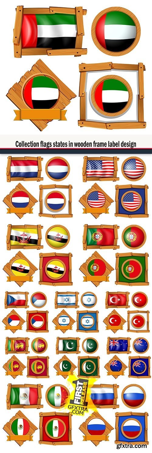 Collection flags states in wooden frame label design