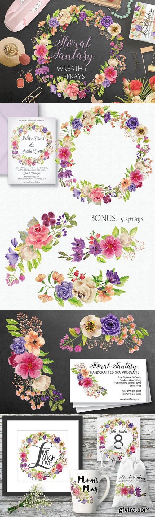 CM - Watercolor wreath of mixed florals 1481621