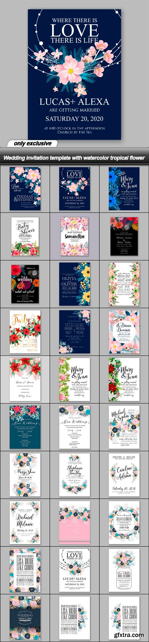 Wedding invitation template with watercolor tropical flower - 30 EPS