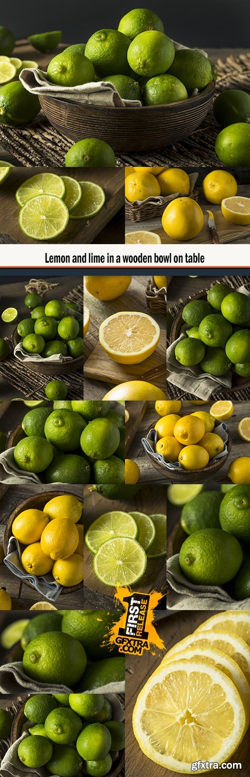 Lemon and lime in a wooden bowl on table