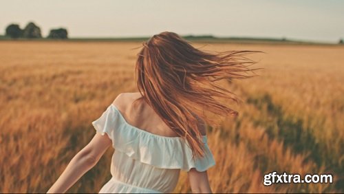 beautiful girl running on sunlit wheat field slow motion 120 fps freedom concept happy woman having