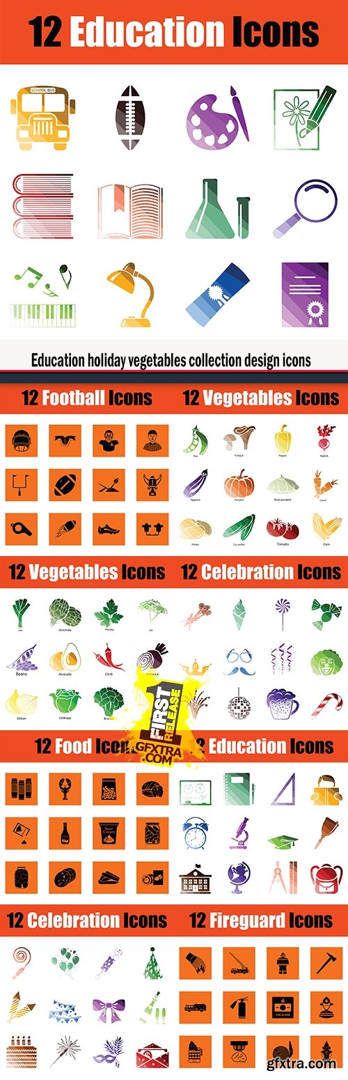 Education holiday vegetables collection design icons