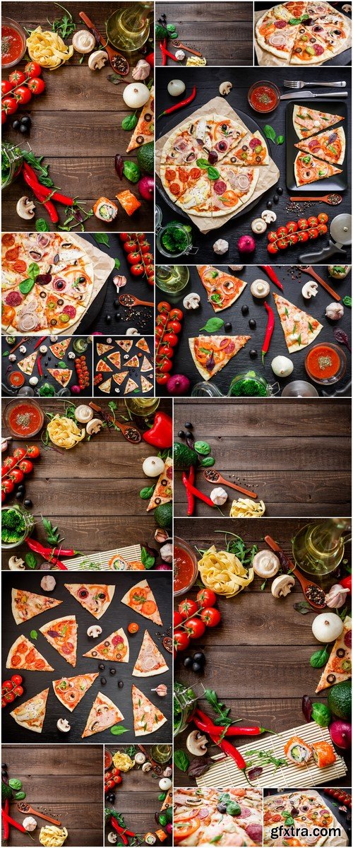 Pizza with vegetables on a dark wooden background 16X JPEG