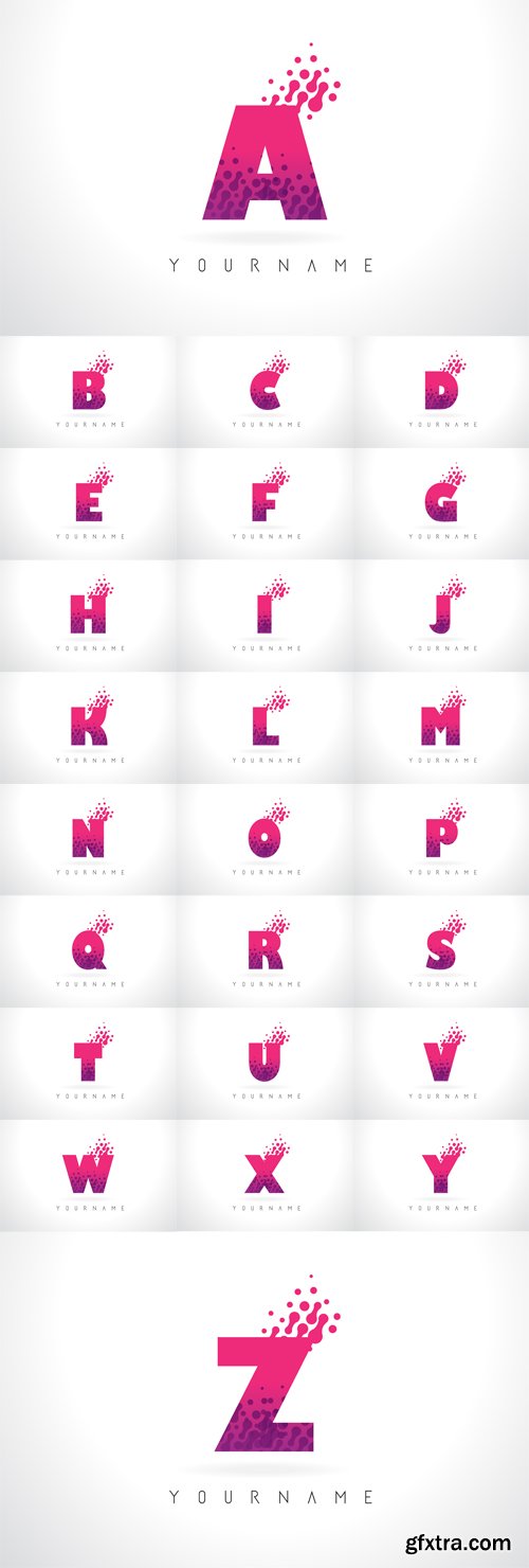 Vector Set - Letter Logo with Pink Purple Color and Particles Dots Design
