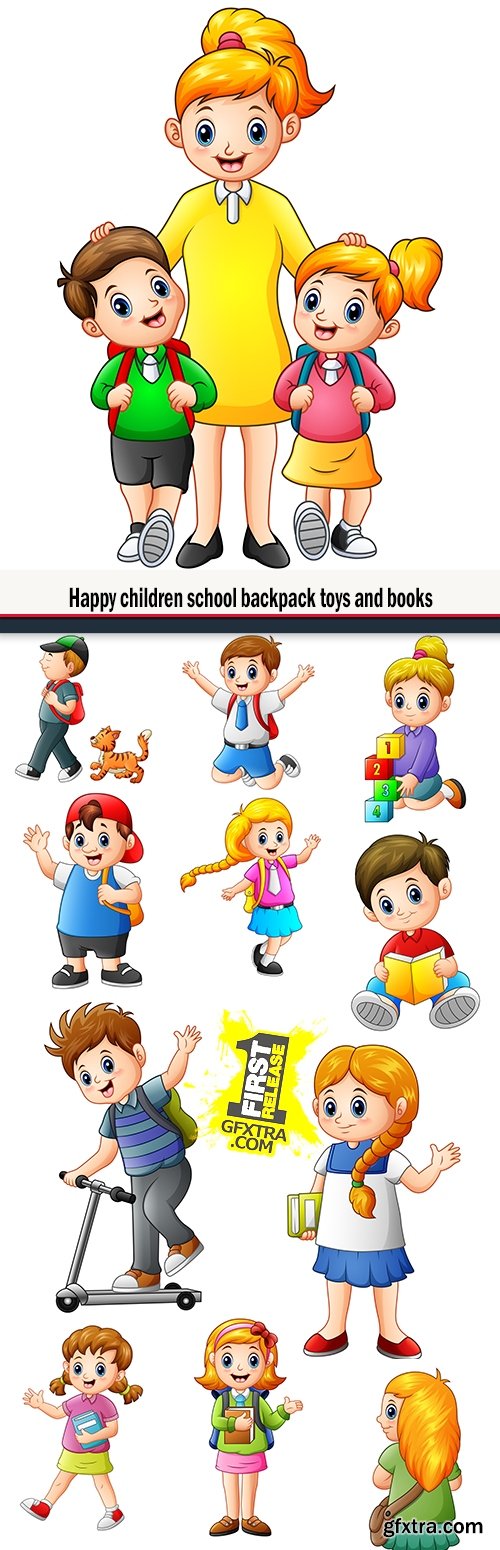 Happy children school backpack toys and books