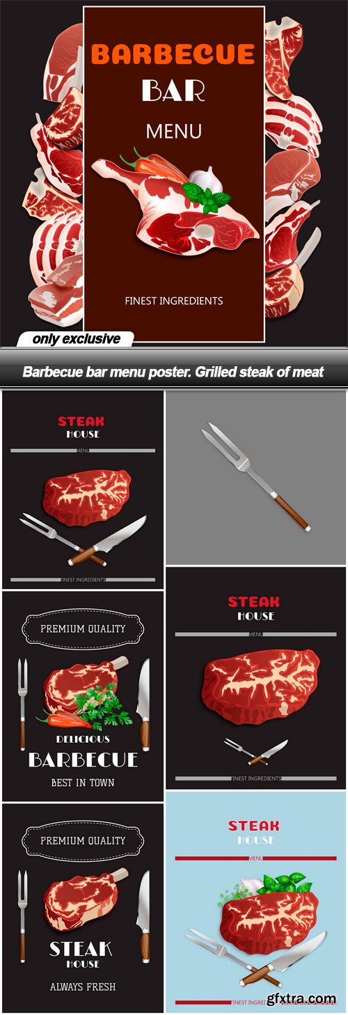 Barbecue bar menu poster. Grilled steak of meat - 7 EPS