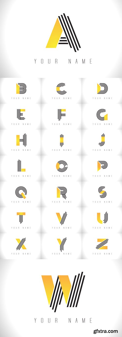 Vector Set - Black Lines Letter Logos. Creative Line Letters Templates