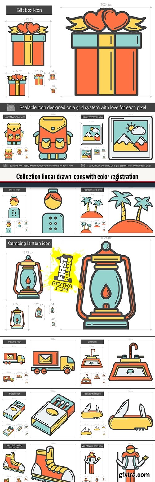 Collection linear drawn icons with color registration
