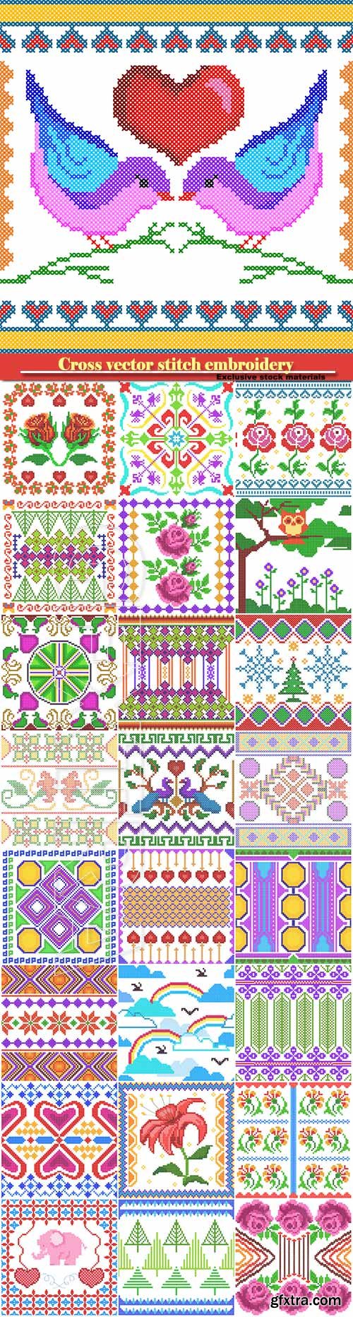 Cross vector stitch embroidery, floral design for seamless pattern texture