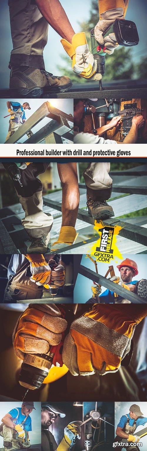 Professional builder with drill and protective gloves
