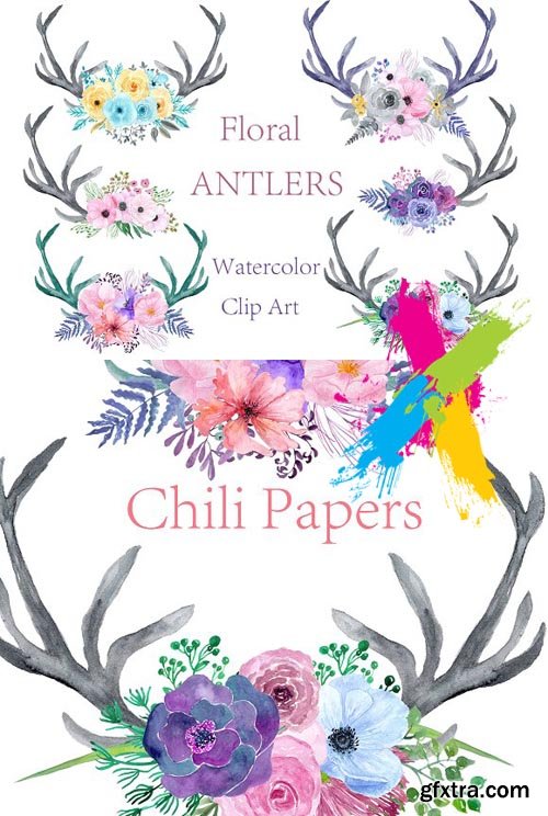 CM - Watercolor floral antlers clipart 1671416