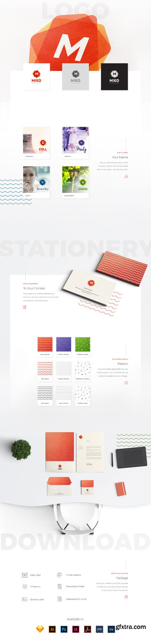 MIKO Logo Pattern Stationery Templates [AI/EPS/PSD/INDD/Sketch]