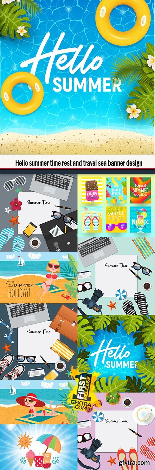 Hello summer time rest and travel sea banner design