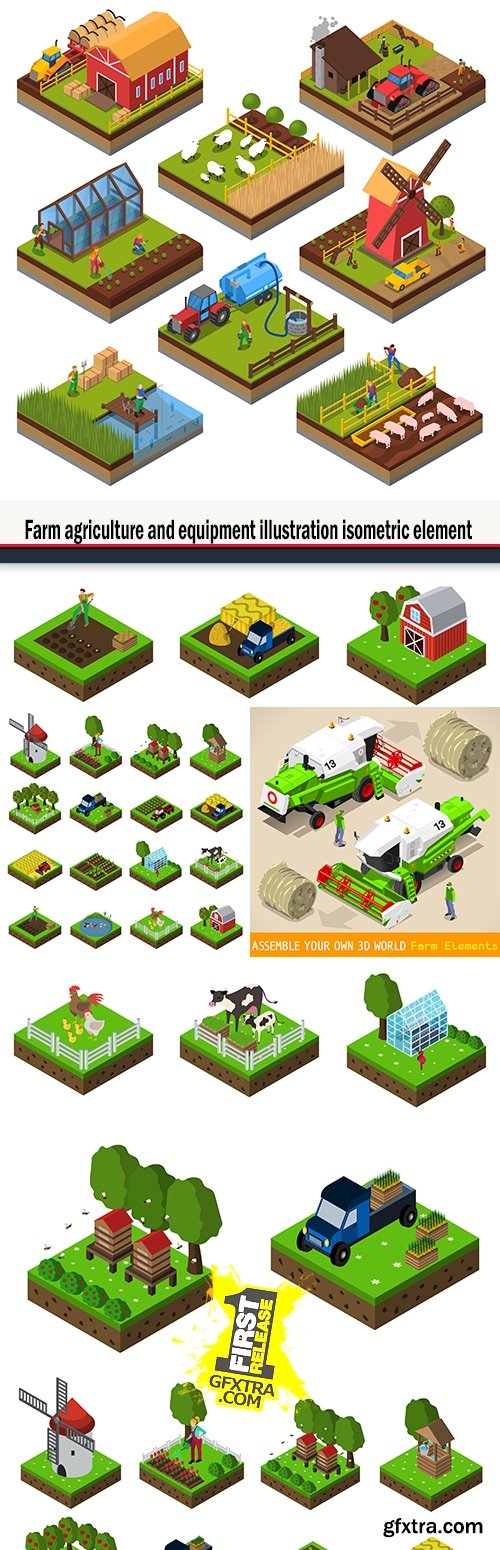 Farm agriculture and equipment illustration isometric element