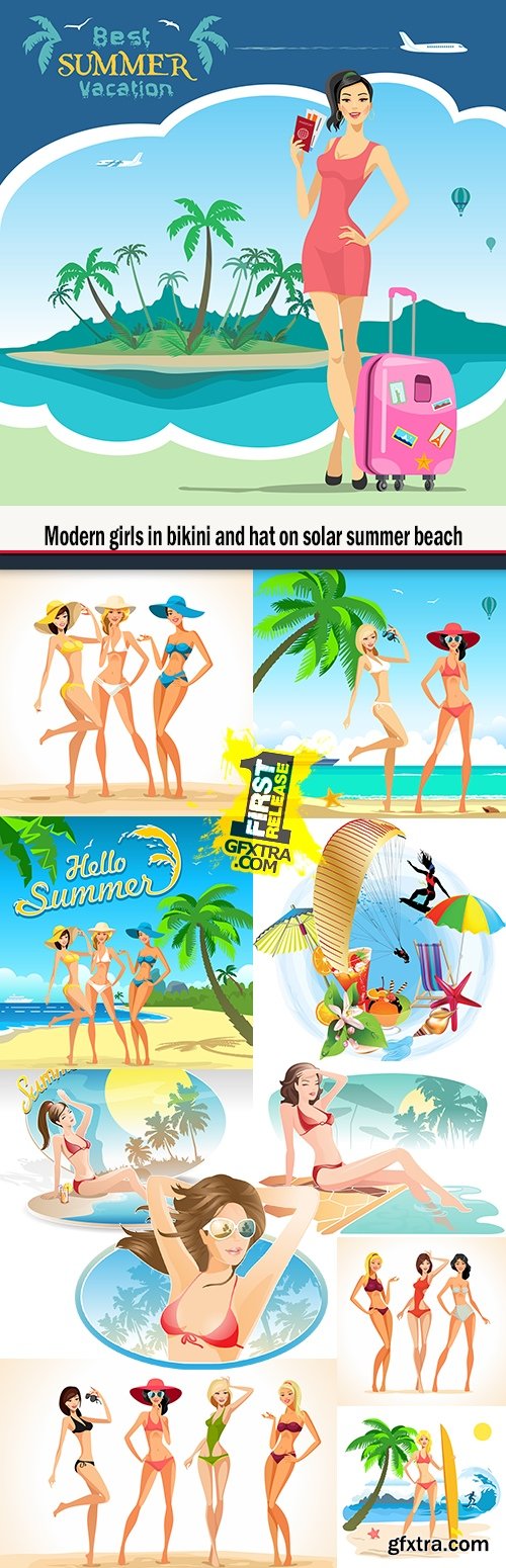 Modern girls in bikini and hat on solar summer beach