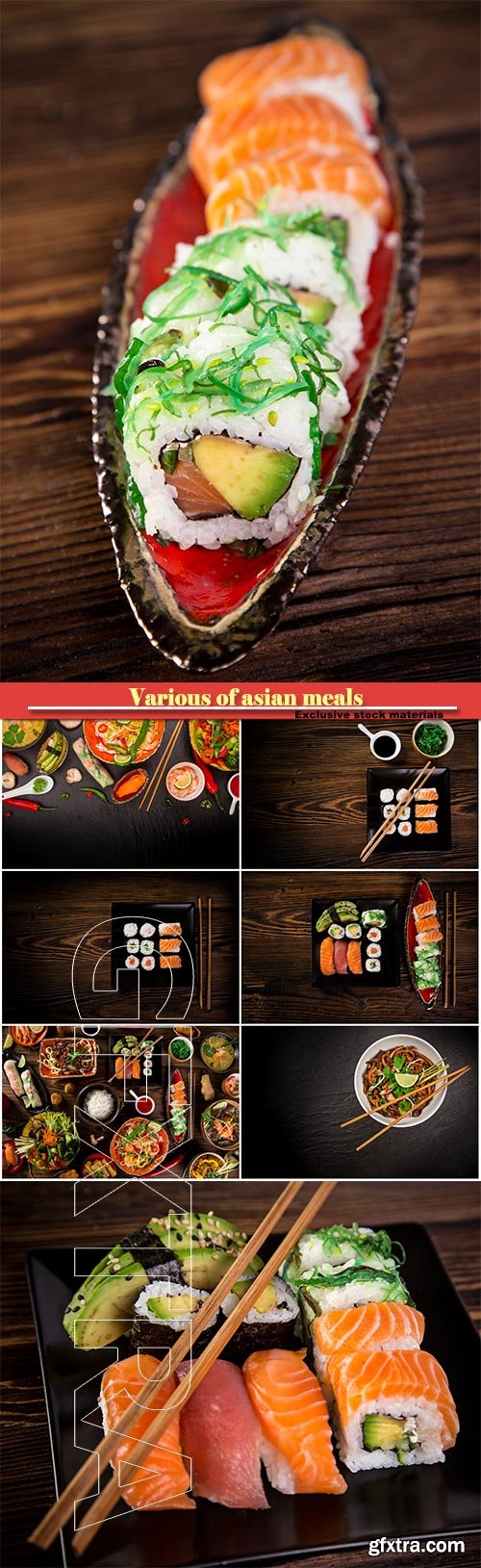 Various of asian meals on rustic background