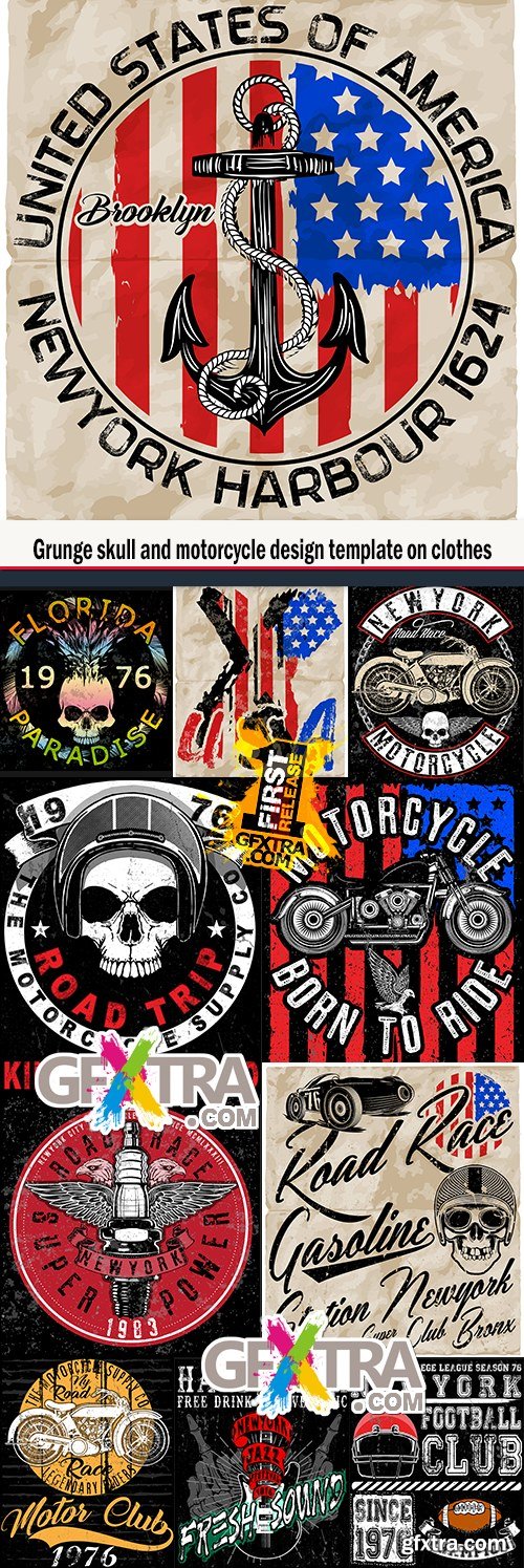 Grunge skull and motorcycle design template on clothes