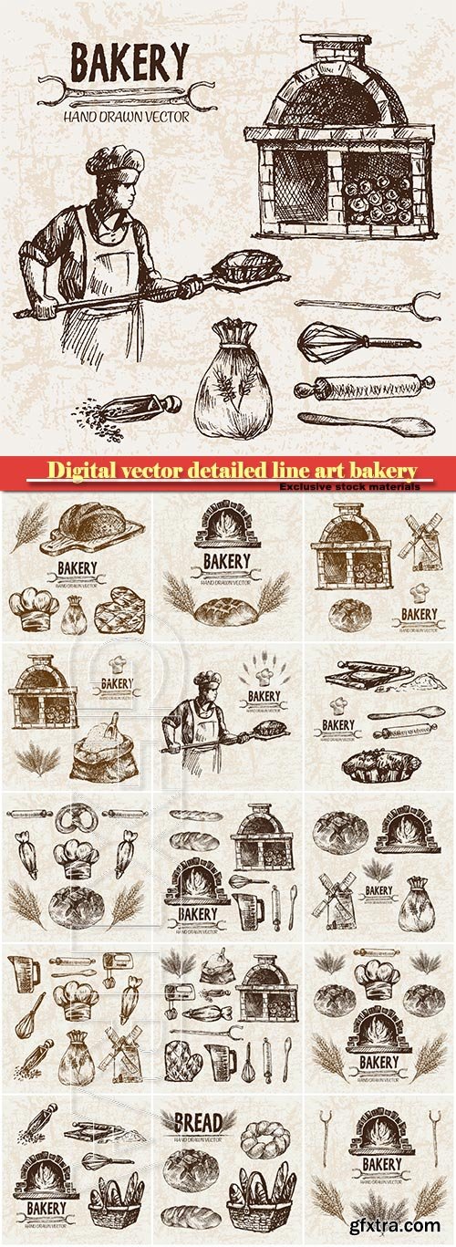 Digital vector detailed line art bakery