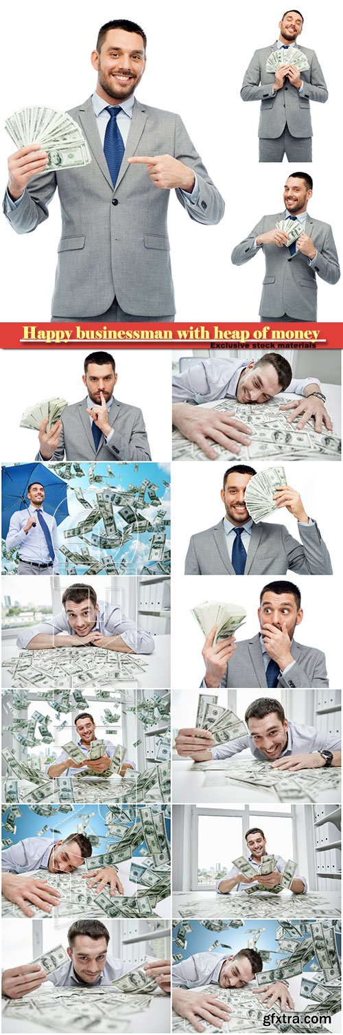 Happy businessman with heap of money in office
