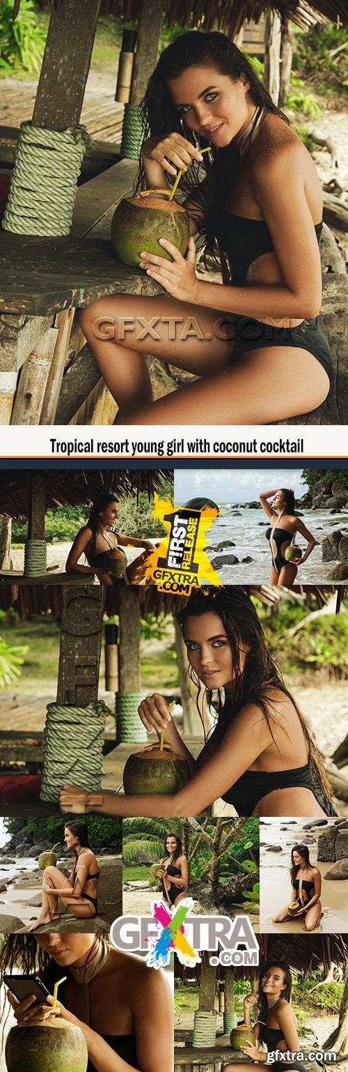 Tropical resort young girl with coconut cocktail