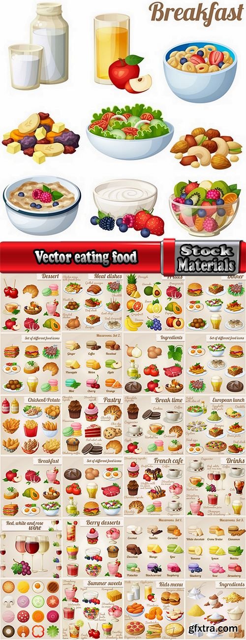 Vector picture eating fast food fruit vegetable sweet pies 25 EPS