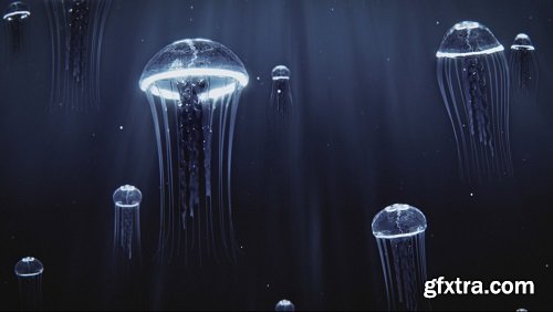 Blue jellyfish swimming deep