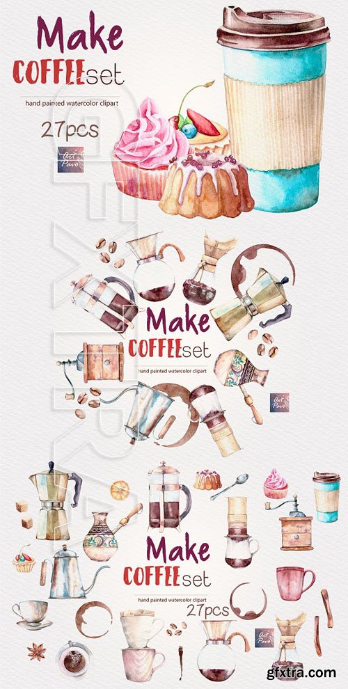CreativeMarket - Watercolor Make Coffee set 27 pcs 1739095