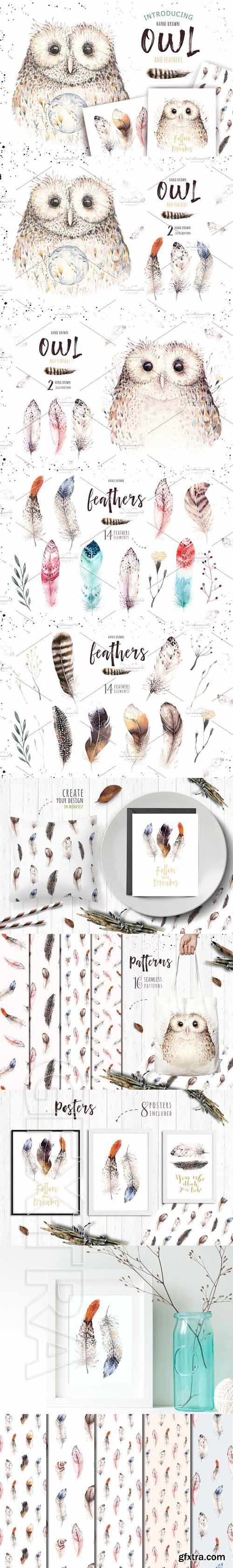 CreativeMarket - Watercolor owl & feathers collection 1754954