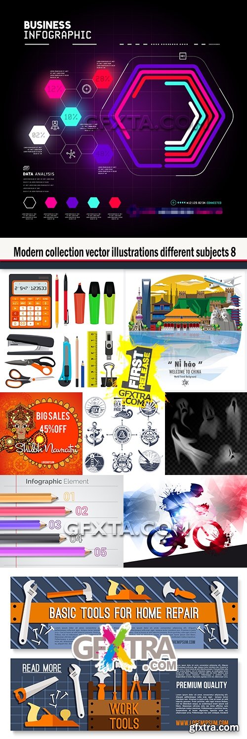 Modern collection vector illustrations different subjects 8
