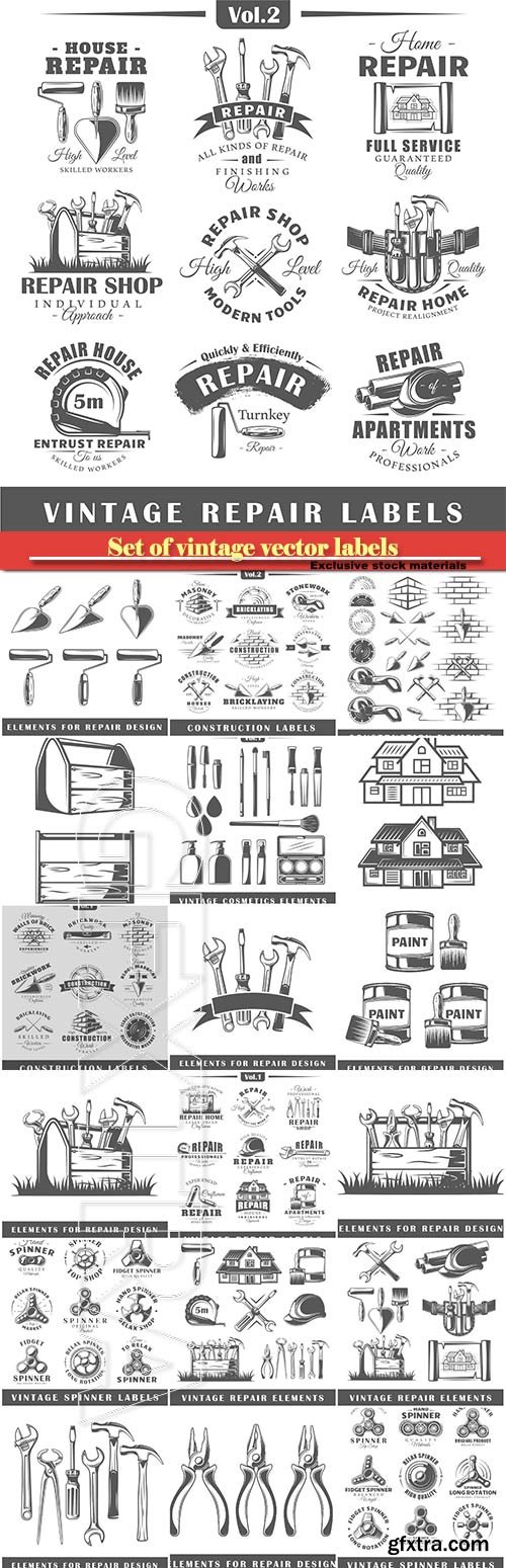Set of vintage vector labels, construction, posters, stamps, banners and design elements, repair elements