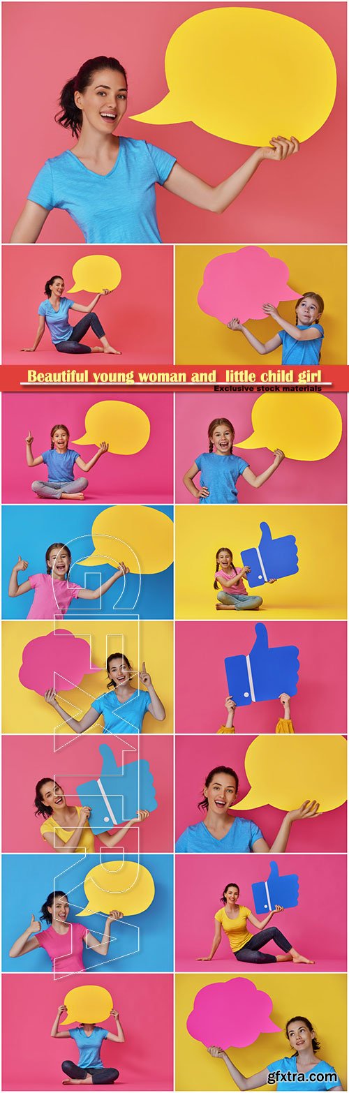 Beautiful young woman and little child girl with cartoon speech on colorful background