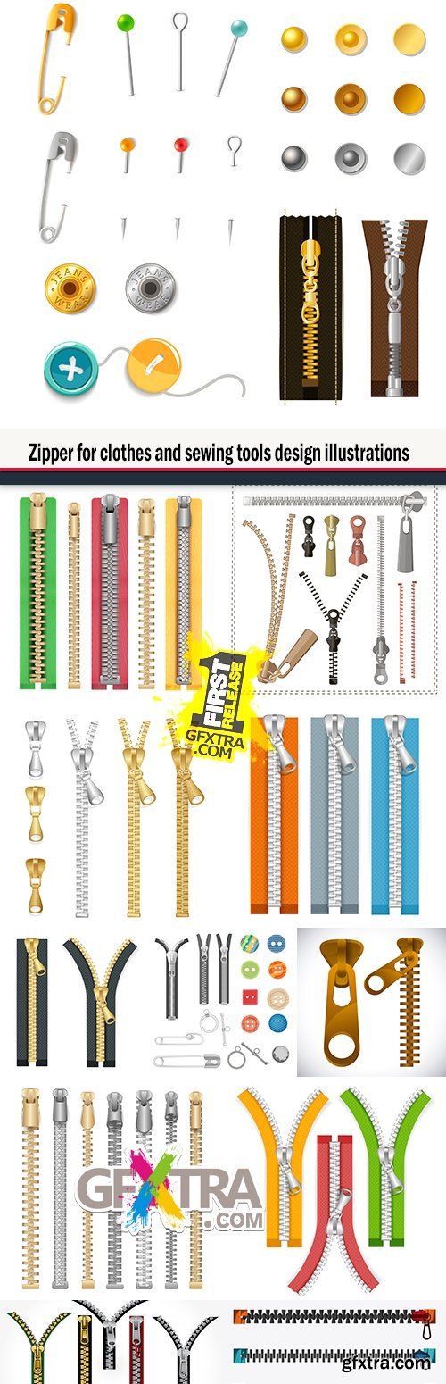 Zipper for clothes and sewing tools design illustrations