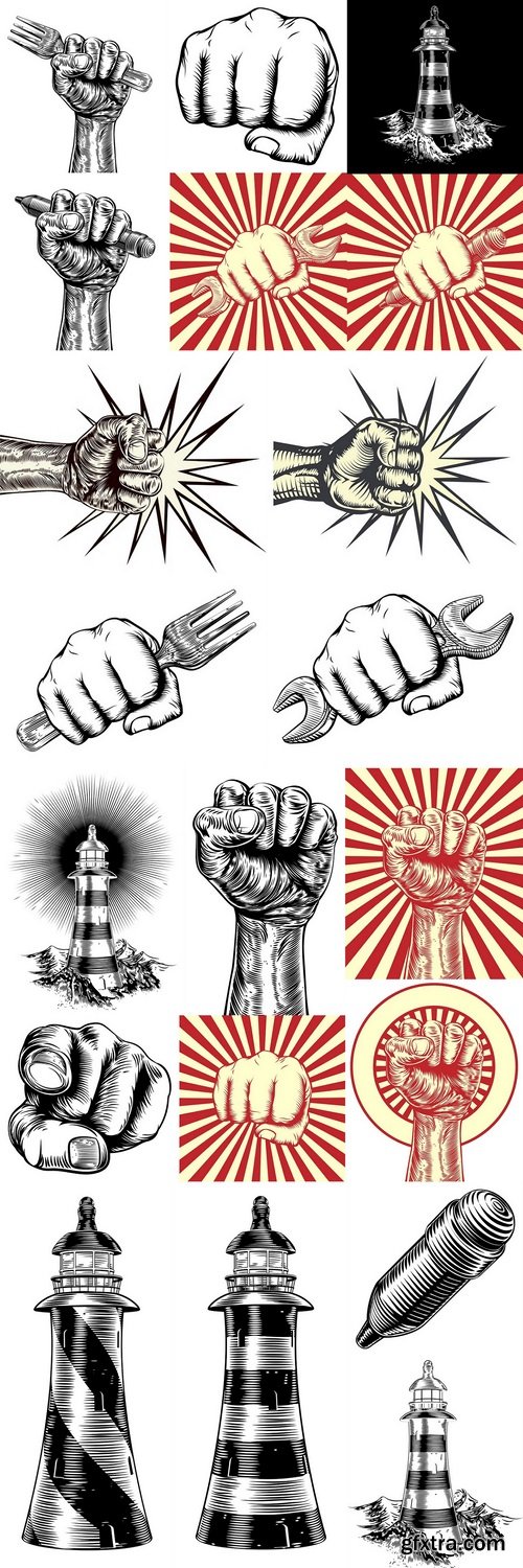 Propaganda Woodcut Fist Hand Holding Pencil 2