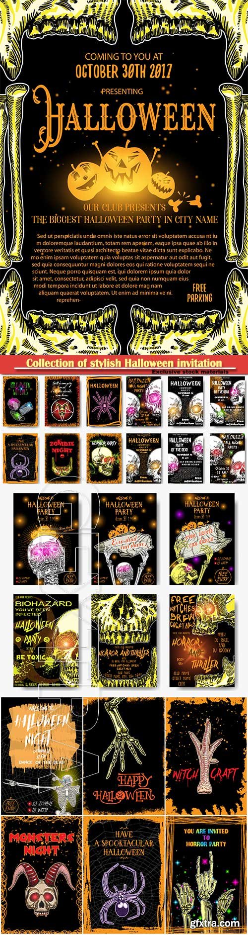 Collection of stylish Halloween invitation posters and cards, hand drawn Halloween greeting flayers templates