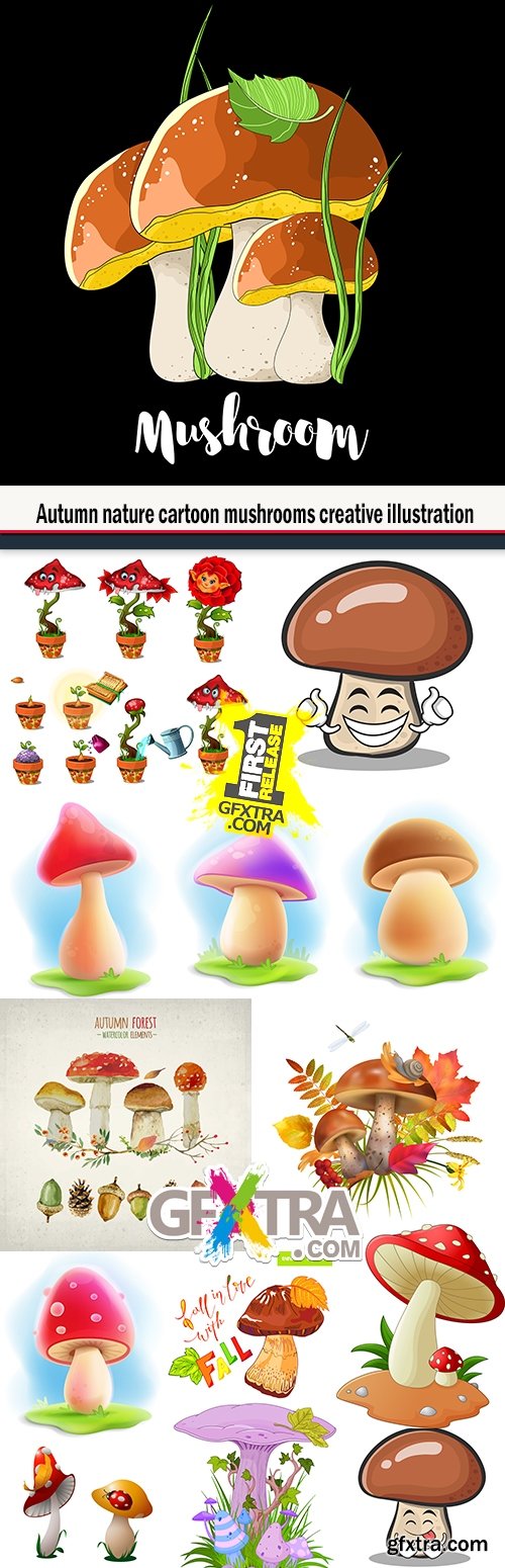 Autumn nature cartoon mushrooms creative illustration