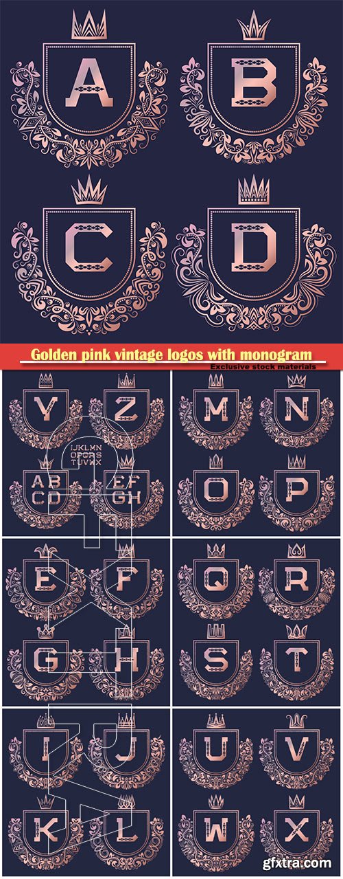 Golden pink vintage logos with monogram, gold coat of arms set in baroque style