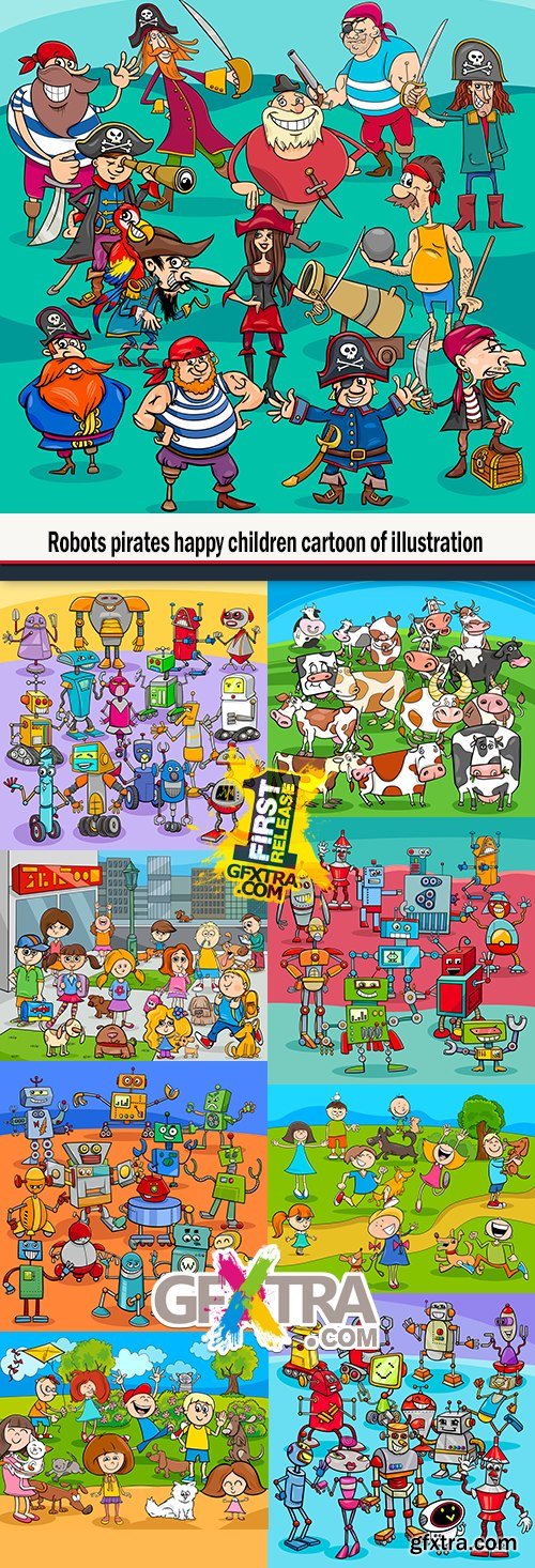 Robots pirates happy children cartoon of illustration