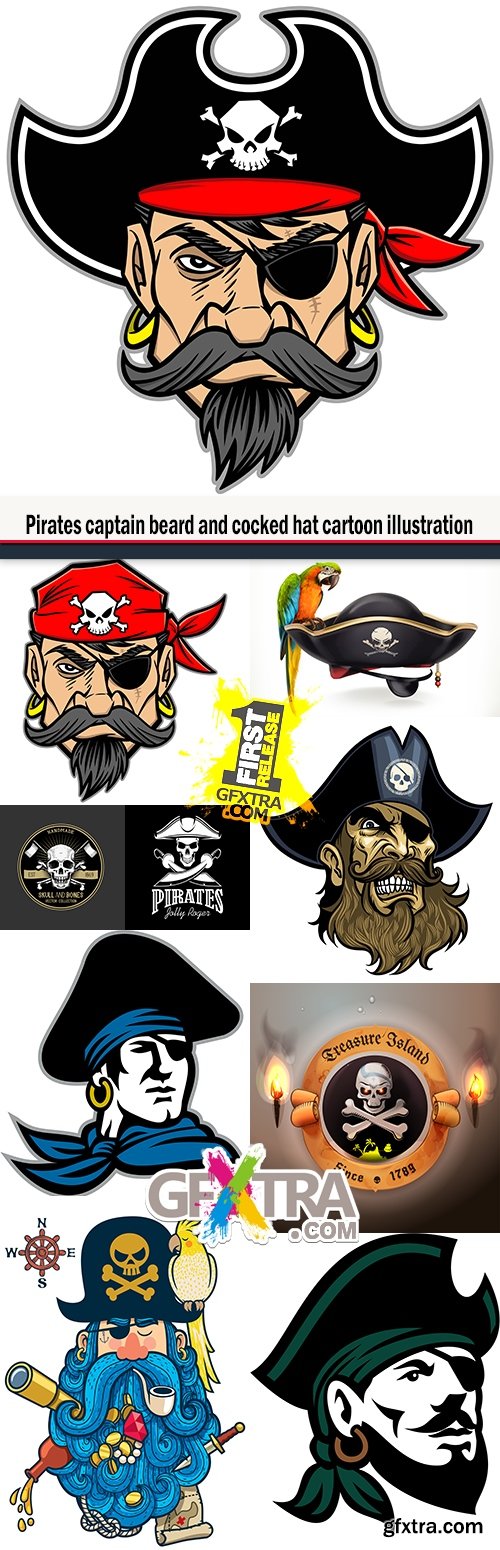 Pirates captain beard and cocked hat cartoon illustration