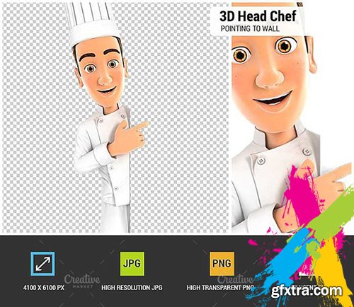 CreativeMarket - 3D Head Chef Pointing to Blank Wall 1903730