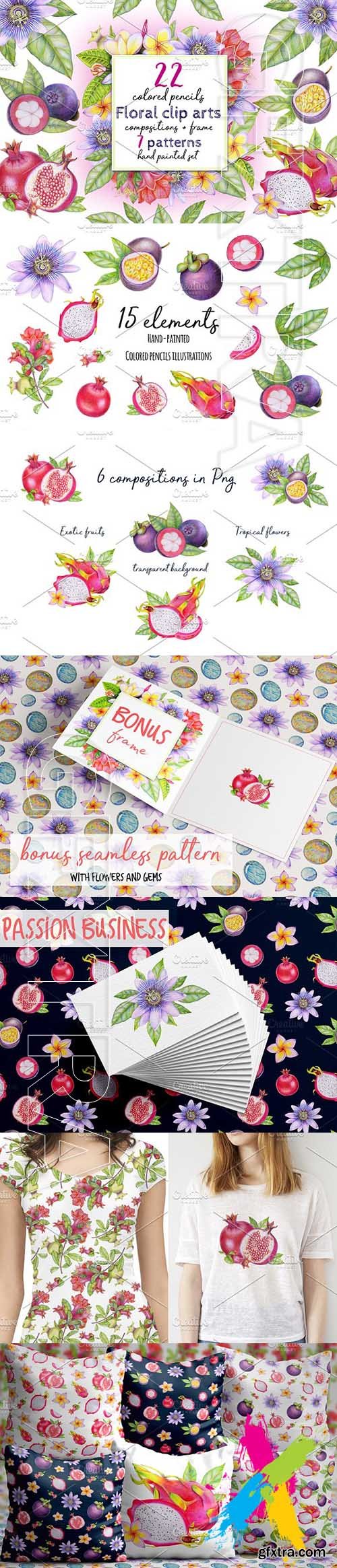 CreativeMarket - Tropical set with fruits & flowers 1918139