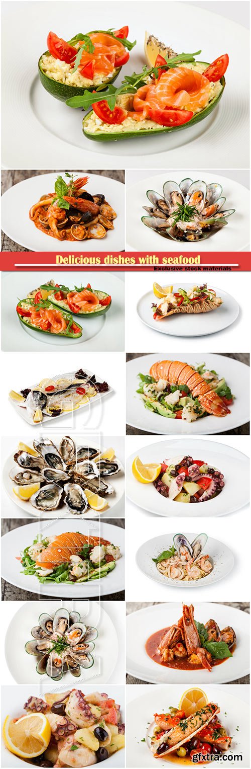 Delicious dishes with seafood, lobster, mussels, octopus, salmon