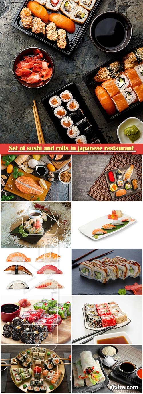 Set of sushi and rolls in japanese restaurant and fish