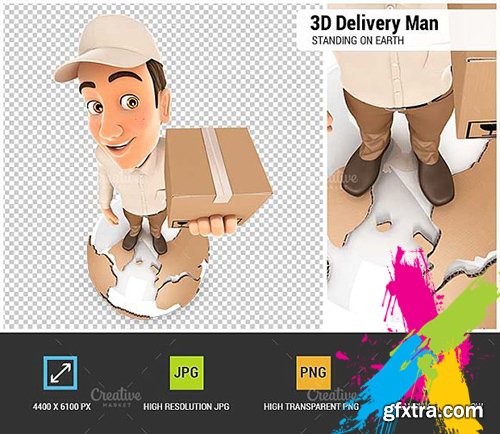 CreativeMarket - 3D Delivery Man Standing on Earth 1934006