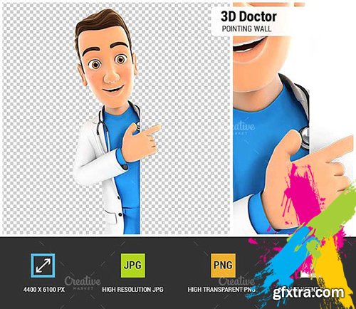 CreativeMarket - 3D Doctor Pointing to Blank Wall 1934008